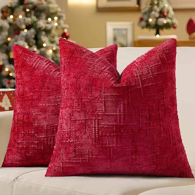 decorUhome Christmas Red Chenille Throw Pillow Covers 16x16 Set of 2 Thick Textured Slubby Couch Pillow Covers Farmhouse Accent Modern Neutral Decorative Pillow Cases for Bed Sofa Living Room