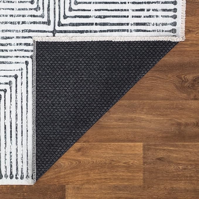 Bloom Rugs Caria Washable Non-Slip 9x12 Rug - Ivory/Black Striped Area Rug for Living Room, Bedroom, Dining Room, and Kitchen - Exact Size: 9' x 12'