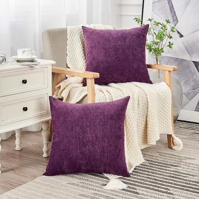 GAWAMAY Decorative Square Throw Pillow Covers 22x22 Inch Set of 2, Super Soft Chenille Pillows Farmhouse Fall Pillowcase for Living Room Bedroom Sofa Couch Cushion Cover Purple 55x55cm (No Insert)