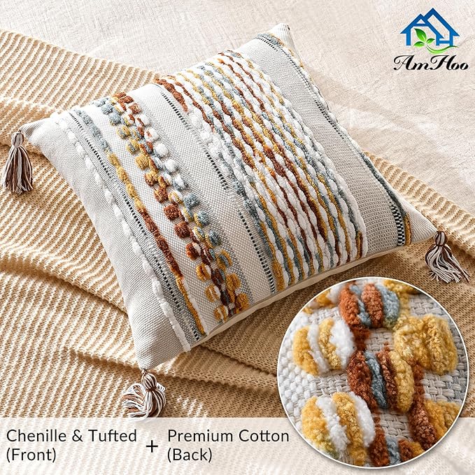 AmHoo Chenille Striped Textured Boho Throw Pillow Covers Aesthetic with Tassels Woven Decorative Pillow Case for Couch Bed Sofa Bedroom Modern Funky 18 x 18-Inch Brown