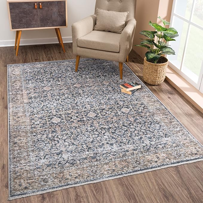Bloom Rugs Caria Washable Non-Slip 9x12 Rug - Dark Blue/Tan Traditional Area Rug for Living Room, Bedroom, Dining Room, and Kitchen - Exact Size: 9' x 12'