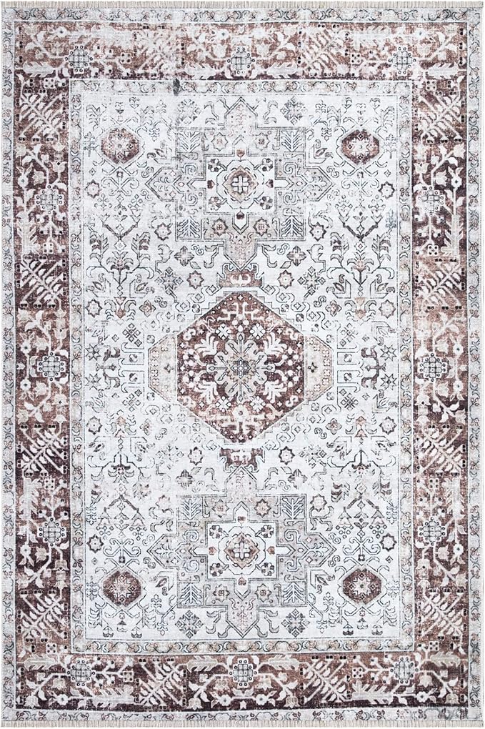 Bloom Rugs Washable Non-Slip 2x3 Rug - Beige/Brown Traditional Oriental Area Rug for Living Room, Bedroom, Dining Room, and Kitchen - Exact Size: 2' x 3'