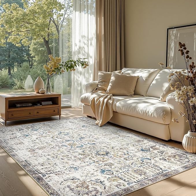 jinchan Kalen Area Rug 5x7 Washable Living Room Rug Vintage Indoor Floor Cover Retro Distressed Floral Country Boho Lightweight Non Slip Carpet for Kitchen Bedroom Dining Room Office Blue
