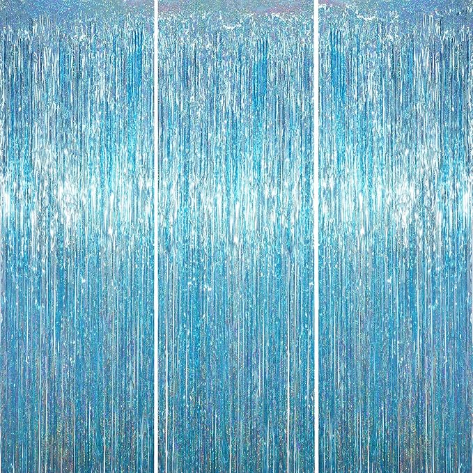3.3 x 6.6 ft Foil Fringe Backdrop Curtains, Tinsel Streamers Party Decorations, Fringe Backdrop for Birthday, Baby Shower, Gender Reveal, Graduation (3, Light Blue)