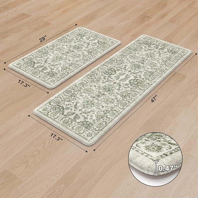 KIMODE Anti Fatigue Kitchen Mat Set, Non Slip Waterproof Kitchen Rug Set of 2, Boho Rugs for Kitchen, Ergonomic Standing Kitchen Sink Mats for Floor, 17"x29.5"+17" x47”, Green