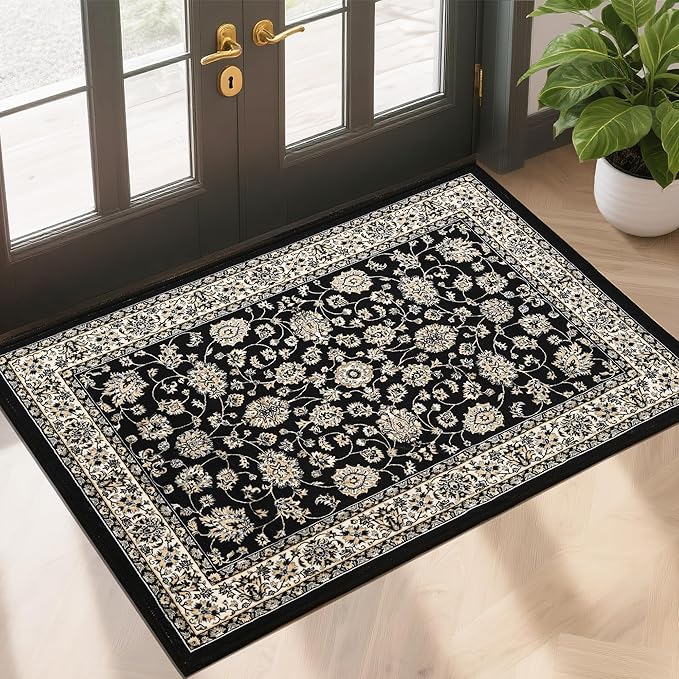 XWZO Entryway Area Rug 2x3ft — Soft Low Pile Door Floor Mat with Non-Slip Backing for Bedroom Bathroom Kitchen Laundry, Spill Resistant Washable Small Indoor Carpet for Doorway & Entrance, Black