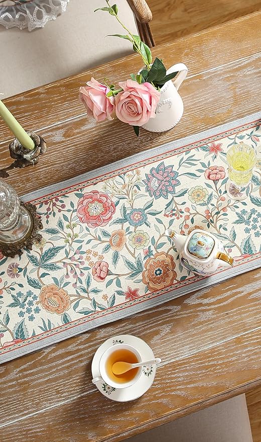 Floral Cloth Runner for Table,Decorative Linen 118 Inches Long Table Runners,Farmhouse Fall Decorations for Home Thanksgiving Christmas Party,12"*118"-Flowershadow