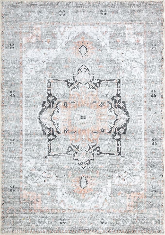 Bloom Rugs Washable Non-Slip 9' x 12' Rug - Gray/Coral Pink Traditional Area Rug for Living Room, Bedroom, Dining Room, and Kitchen - Exact Size: 9' x 12'