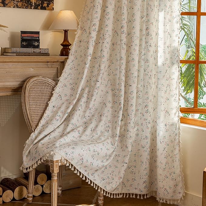 OYX Boho Floral Curtains 84 Inch Length 2 Panels for Living Room, Bedroom Light Filtering Drapes, Farmhouse Vintage Country French Rustic Tassels Pattern Rod Pocket Aesthetic Decor Window Treatments