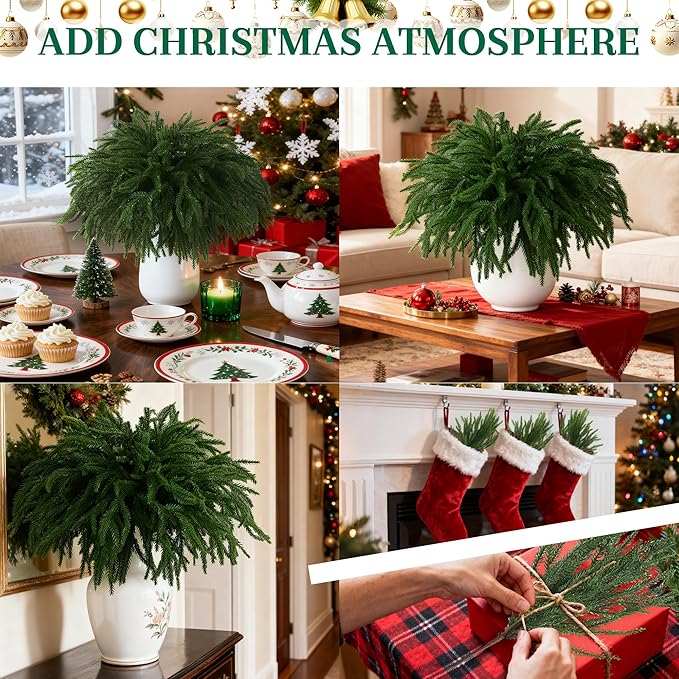 10 Pcs Christmas Norfolk Pine Stems Artificial Pine Branches, 16“ Real Touch Fake Christmas Greenery Stems, Faux Cedar Branches Picks for Vase DIY Crafts Garland Wreath Xmas Indoor Outdoor Home Decor