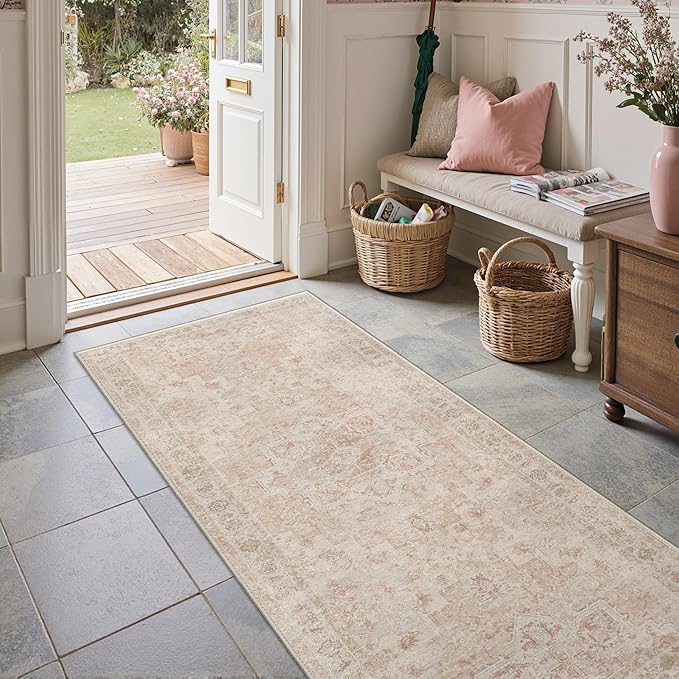 GENIMO 2'6''x6 Runner Rugs for Hallway, Machine Washable Non Slip Vintage Rugs, Low Pile Lightweight Soft Print Rug for enrtyway, Corridor, Home Office, Kitchen, Light Pink