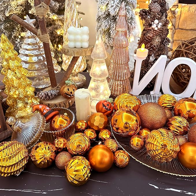 XmasExp 16ct Christmas Ball Ornaments Set Yellow Shatterproof Xmas Tree Hanging Decorations for Fall Thanksgiving Holiday Decor (Orange, 3.15“)