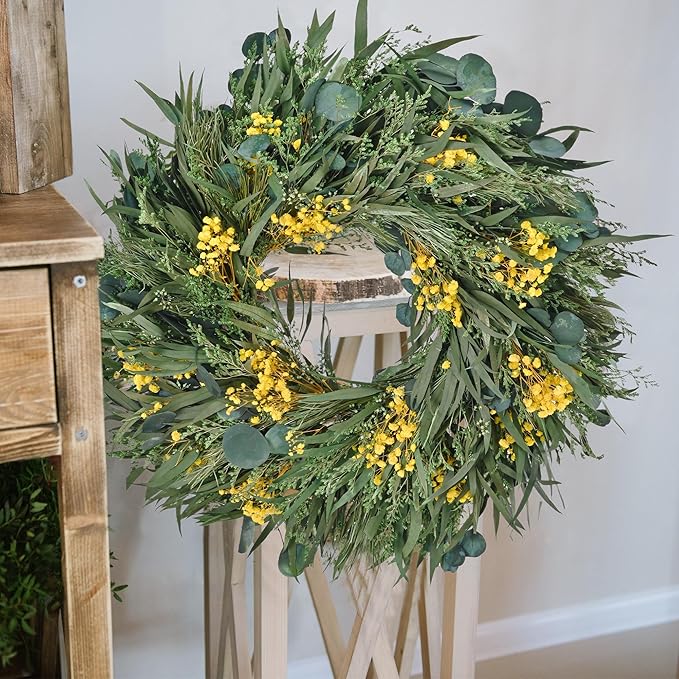 24" Large Front Door Wreath with Dried Flowers for Spring Summer Fall & Winter (Green02)