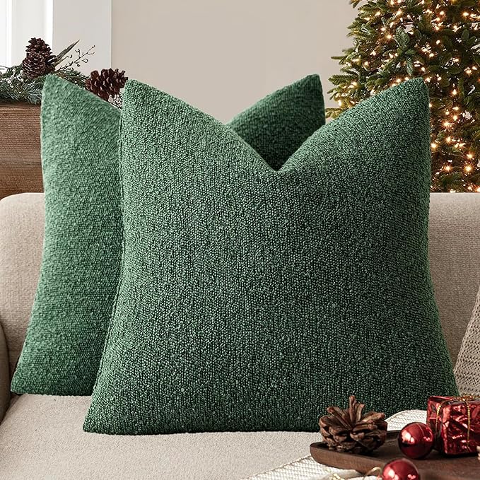 Foindtower Set of 2, Decorative Textured Boucle Throw Pillow Covers Accent Solid Pillow Cases Neutral Cozy Couch Cushion Case for Chair Sofa Bedroom Living Room Home Decor 26x26 Inch Pine Green