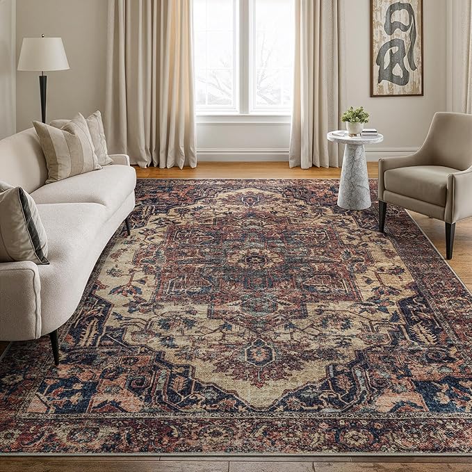Bloom Rugs Washable Non-Slip 10x14 Rug - Beige/Terracotta Traditional Oriental Area Rug for Living Room, Bedroom, Dining Room, and Kitchen - Exact Size: 10' x 14'