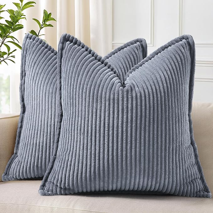 decorUhome Corduroy Blue Grey Throw Pillow Covers 16x16 Set of 2 Decorative Soft Boho Farmhouse Euro Couch Pillow Covers for Living Room Bed Sofa Broadside Striped Pillow Cases