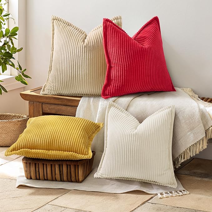 decorUhome Christmas Corduroy Red Throw Pillow Covers 22x22 Set of 2 Decorative Soft Boho Farmhouse Euro Couch Pillow Covers for Living Room Bed Sofa Broadside Striped Pillow Cases