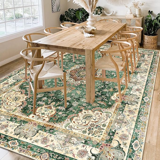 Green Rug 6'x9' Area Rugs,Boho Washable Rug for Living Room Bedroom Dining Room,Large Vintage Bohemian Distressed Oriental Carpet Non Slip,Retro Sage Floral