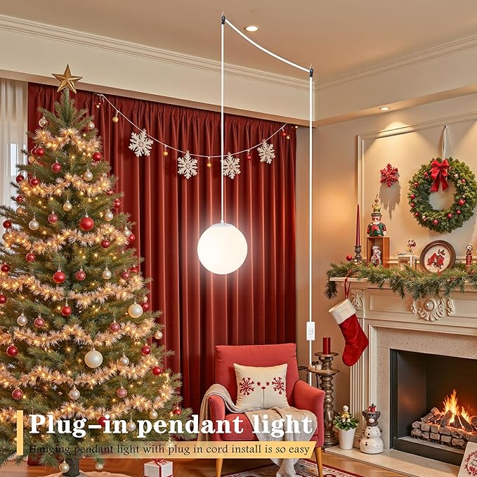 KoKo&Yukina 8" Globe Pendant Light White Plug in Pendant Light Adjustable Hanging Lights with Plug in Cord Matte White Finished with Milk Glass Lampshade for Bedroom Kitchen Island（Bulb Included）