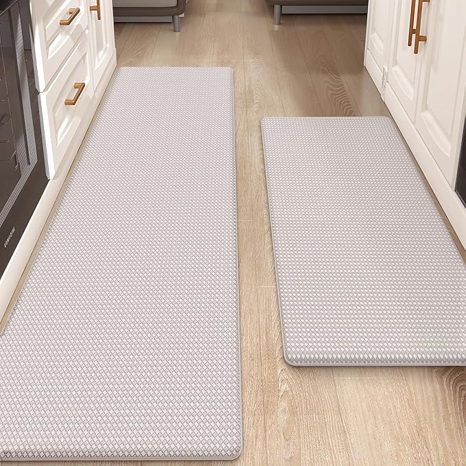 Color&Geometry Anti Fatigue Cushion Padded Kitchen Mat for Floor - 17x29+17x59,Easy Clean, Water & Oil Proof, Anti Slip, Foam Rubber Runner Rug for Front Sink Comfort Standing, Floral White Set of 2