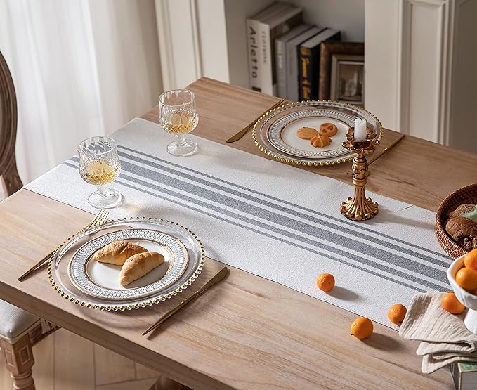 Boho Table Runner for Modern Farmhouse Decor, Dining Table décor 13 x 60 Inch Long with Handcrafted Tassels, Black and Beige Stripe Table Runner for Home Boho décor
