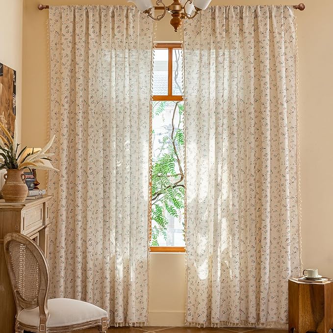OYX Boho Floral Curtains 84 Inch Length 2 Panels for Living Room, Bedroom Light Filtering Drapes, Farmhouse Vintage Country French Rustic Tassels Pattern Rod Pocket Aesthetic Decor Window Treatments