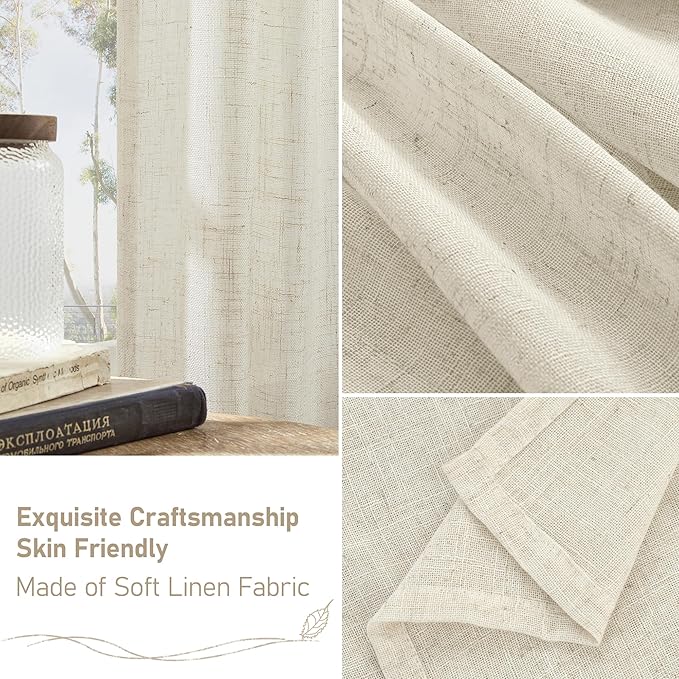LAMIT 102 inch Long Linen Curtains 2 Panels for Living Room, Natural Cream Ivory Light Filtering Semi Sheer Linen Curtains Back Tab and Rod Pocket Neutral Drapes for Bedroom/Farmhouse, 52 x 102 Inch