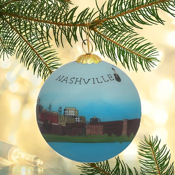 Blown Glass Christmas Ornament | Nashville, Tennessee Skyline | Hand Painted Inside | Original Art | Includes Gift Box