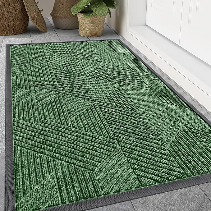 Smiry Front Door Mat Outside Entrance, Heavy Duty Sturdy Natural Rubber Doormat, Trap Dirt and Moisture, Easy Clean Low Profile Mats for Indoor Outdoor Entry, Irregular Triangle (71x47, Green)