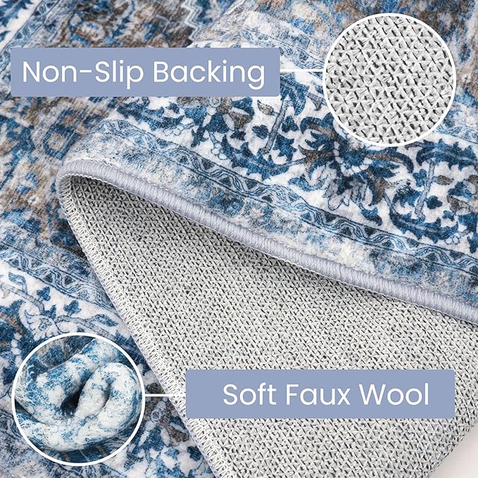 KOZYFLY Round Rug 5 Ft Rugs for Entryway Washable Circle Entrance Rug Non Slip Round Doormat Indoor Printed Faux Wool Round Front Door Mat Floor Carpet for Backdoor, Entryway, Bedroom, Blue