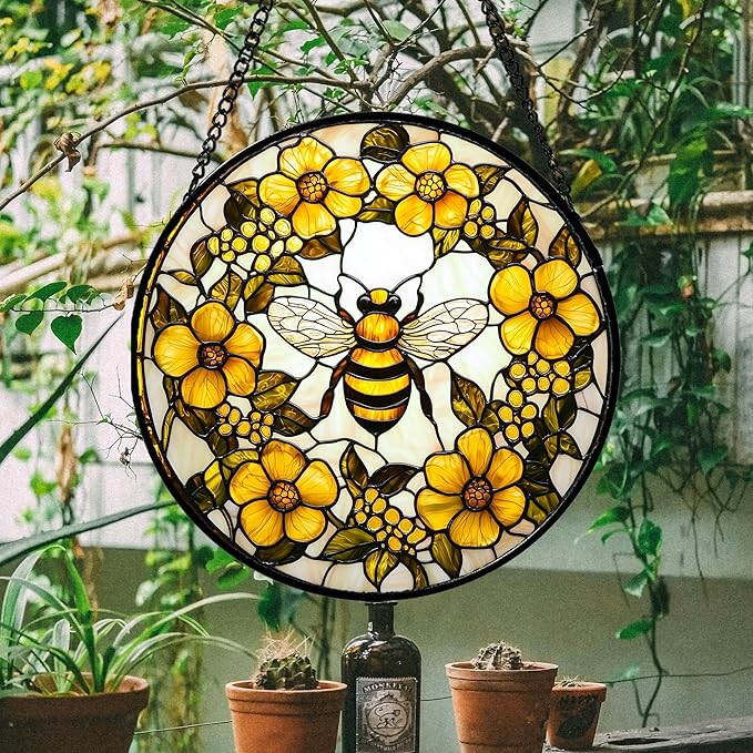 Stained Glass Window Hanging - Yellow Flowers Surrounded by Bees Sun Catcher for Door Garden Home Decor Cute Suncatcher Christmas Mother's Day Birthday Gifts for Women Men Mom Nana 6.3 in