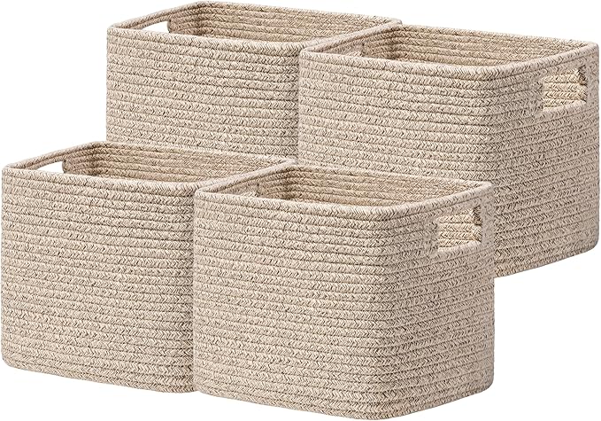 UBBCARE Storage Cubes 4 Pack, 11x 11x 7.8 Cube Storage Bin with Handles, Cotton Rope Baskets for Organizing, Woven Baskets for Shelf, Baby Nursery, Toy Storage, Closet, Classroom, Mix-Brown