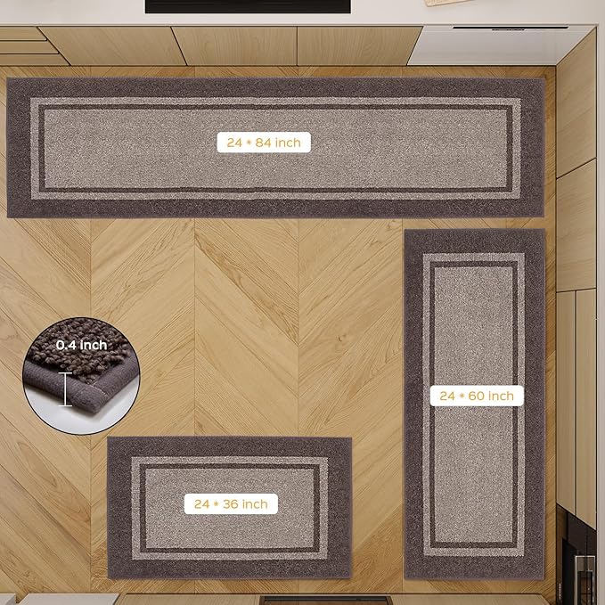 Kitchen Rugs Set (24" x 36"+24" x 60"), Non-Slip Machine Washable Kitchen Runner Rugs Floor Mats, Absorbent Comfort Standing Mats for Kitchen, Sink and Hallway, Rolled Packaging, Beige & Grayish Brown
