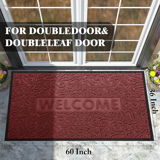Yimobra Large Welcome Mat 60x36, Waterproof Non-Slip Outdoor Mats for Front Door Outside Entrance, Low-Profile Entryway Mat Indoor for Garage Patio, Wine Red