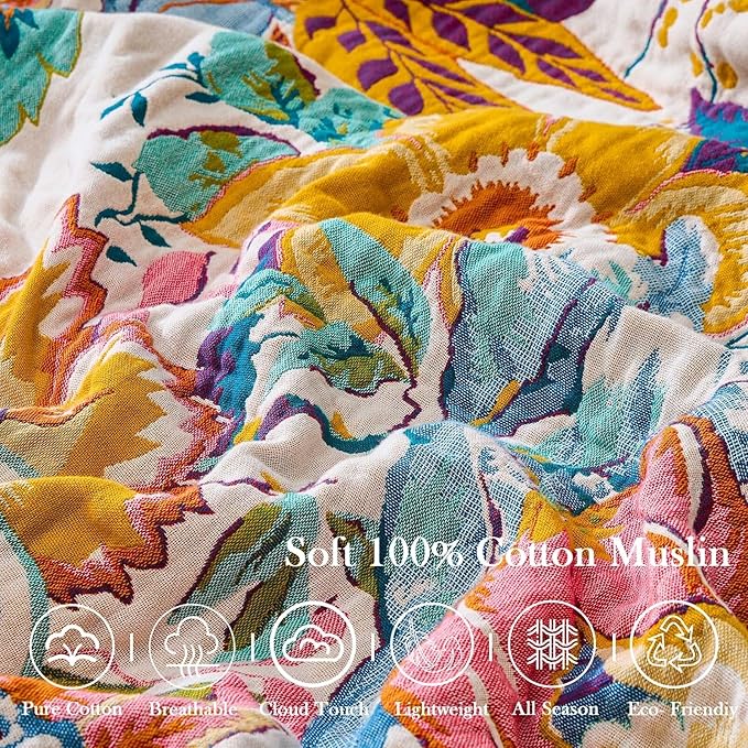 Farmhouse Throw Blanket, 80"x 90" Boho Throw Blankets for Couch Cover, 100% Cotton Bohemian Vintage Quilt for All Seasons Reversible Florals Lightweight Picnic Blankets Home Decoration