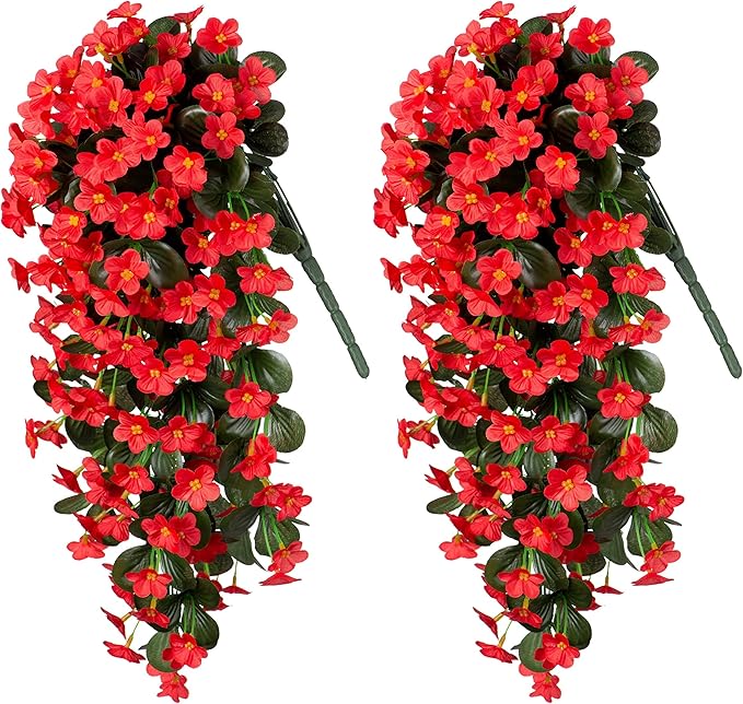 HyeFlora Artificial Fake Hanging Plants Flowers for Outdoor Outside Winter Christmas Decoration, 2 PCS Faux Silk Daisy Mums Red Orchid Vines UV Resistant Realistic for Home Indoor Porch Patio Balcony