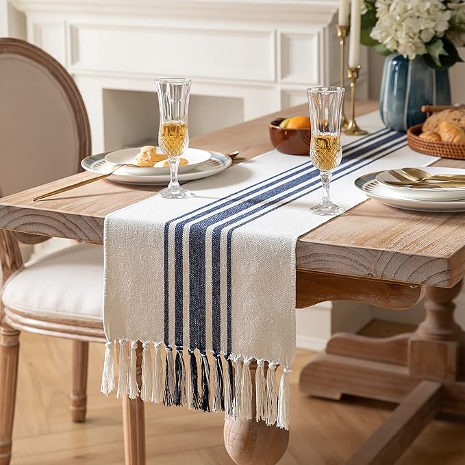 Boho Table Runner for Modern Farmhouse Decor, Dining Table décor 13 x 108 Inch Long, Coffee Table Runner with Handcrafted Tassels, Navy and Beige, for Home Bohemian Decoration
