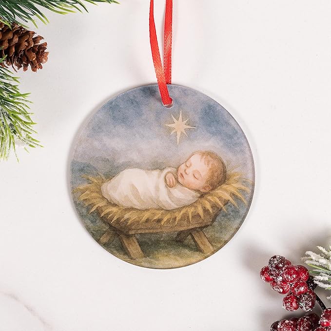 Baby Jesus Nativity Scene Acrylic Ornament - Traditional Catholic & Christian Christmas Decor, Religious Decorative Hanging Ornaments for Tree - Winter, Holiday, Baptism Gift