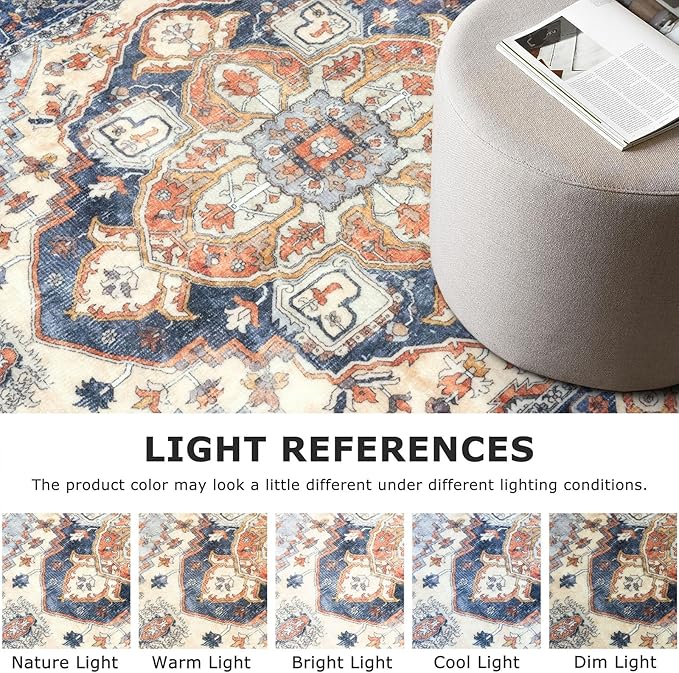 3x5 Washable Area Rug for Entryway, Ivory Blue Soft Boho Rug with Non-Slip, Low-Pile Vintage Floor Area Rugs for Living Room Bedroom Dining, Dorm Carpet with Non-Shedding
