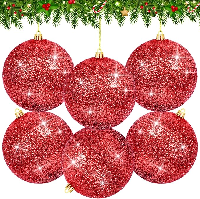 6Pack Red 4inch Large Christmas Balls Christmas Tree Decoration Ornaments Shatterproof Glitter Christmas Hanging Balls for Christmas Tree Party Indoor Outdoor Decoration(Red, 4inch-6pcs)