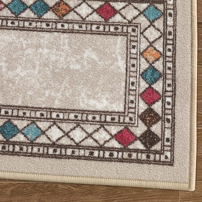 Antep Rugs Alfombras Modern Bordered 2pc Non-Skid (Non-Slip) Low Profile Pile Rubber Backing Indoor Kitchen Runner Rugs (Beige, 2pc Set)