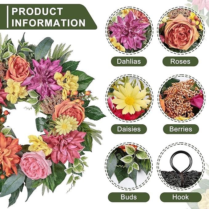 24 Inch Spring Wreath for Front Door with Roses Dahlias Silk Flowers with Berry Greenery for All Seasons Indoor Outdoor Porch Wedding Wall Farmhouse Porch Wall Living Room Home Widding Decor