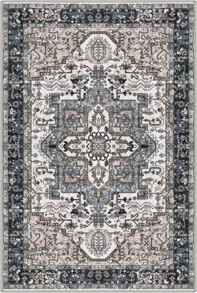 KOZYFLY Boho Area Rug 6x9 Ft Thin Washable Rugs for Bedroom and Living Room Faux Wool Printed Throw Carpet Non Slip Rug for Entryway Kitchen Dining Room, Black/Taupe/Beige