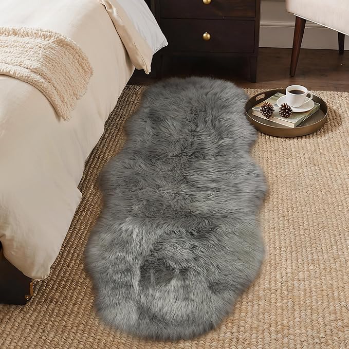 GENIMO 2x6 Fluffy Faux Fur Rug Runner, Ultra Soft Shaggy Sheepskin Rug, Area Rugs for Bedroom, Living Room, Home Office, Light Grey