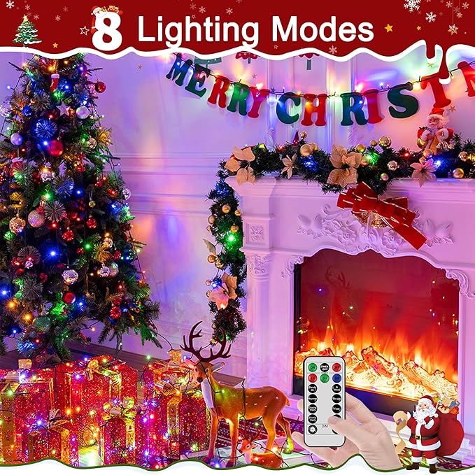 394FT 1200 LED Christmas Lights Outdoor, Christmas Tree Lights Plug in, 8 Modes Twinkle String Lights for Bedroom Wedding Party Holiday Xmas Home Decorations Multicolored