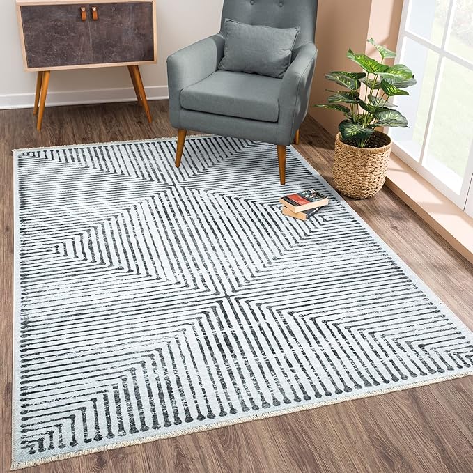 Bloom Rugs Caria Washable Non-Slip 8x10 Rug - Ivory/Black Striped Area Rug for Living Room, Bedroom, Dining Room, and Kitchen - Exact Size: 7'8" x 10'