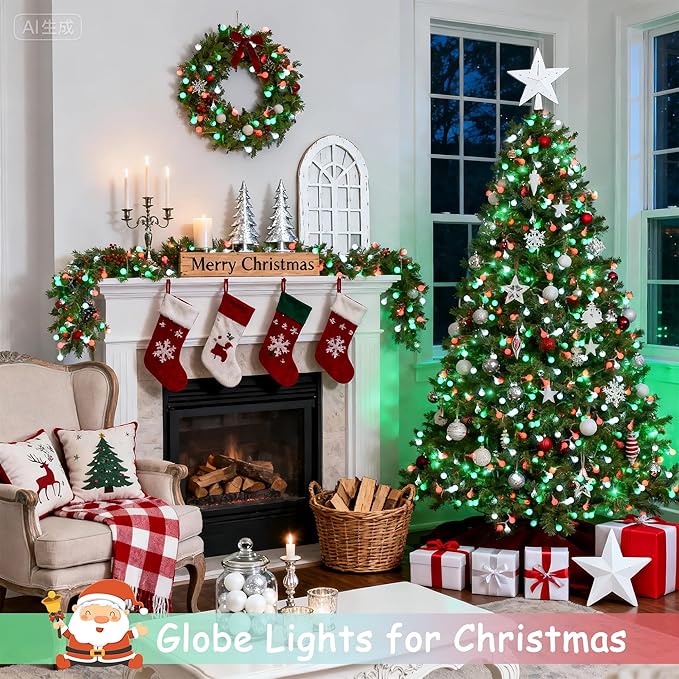 JMEXSUSS Globe String Lights, Red White and Green Christmas Lights，100 LED Plug