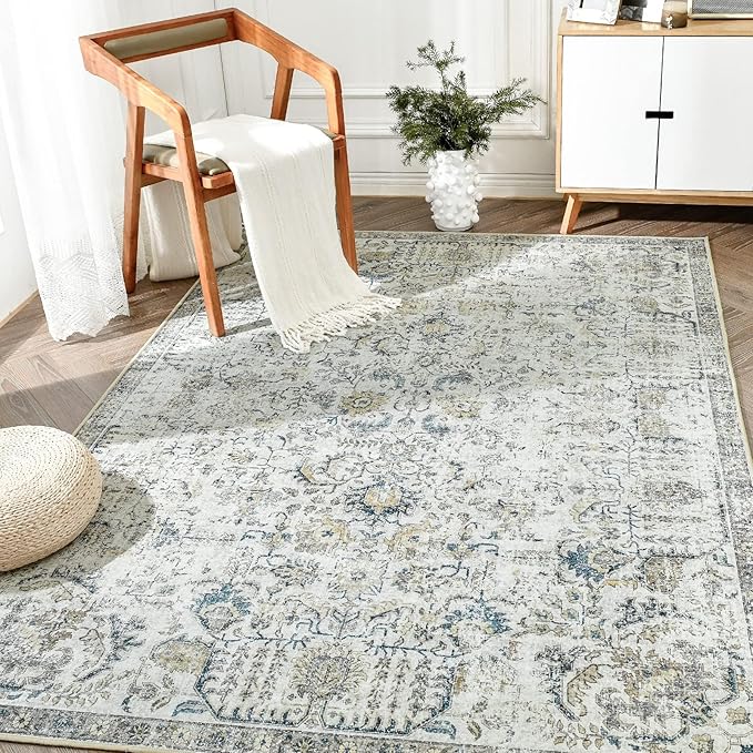 jinchan Kalen Area Rug 5x7 Washable Living Room Rug Vintage Indoor Floor Cover Retro Distressed Floral Country Boho Lightweight Non Slip Carpet for Kitchen Bedroom Dining Room Office Blue