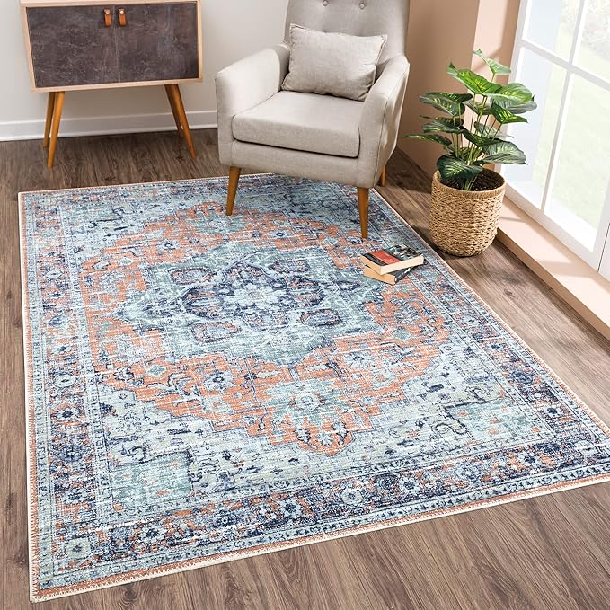 Bloom Rugs Washable Non-Slip 9' x 12' Rug - Peach/Blue Traditional Area Rug for Living Room, Bedroom, Dining Room, and Kitchen - Exact Size: 9' x 12'