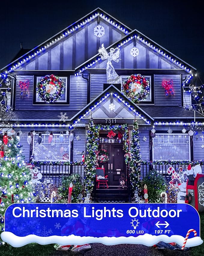 Christmas Lights Outdoor Waterproof, 196FT 600LED String Lights with Remote,8 Modes LED Lights Plug in Twinkle Fairy Light for Party Holiday Decor (Blue+White)